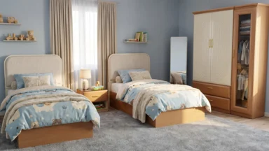 غرفة نوم اطفال بسريرين ودولاب